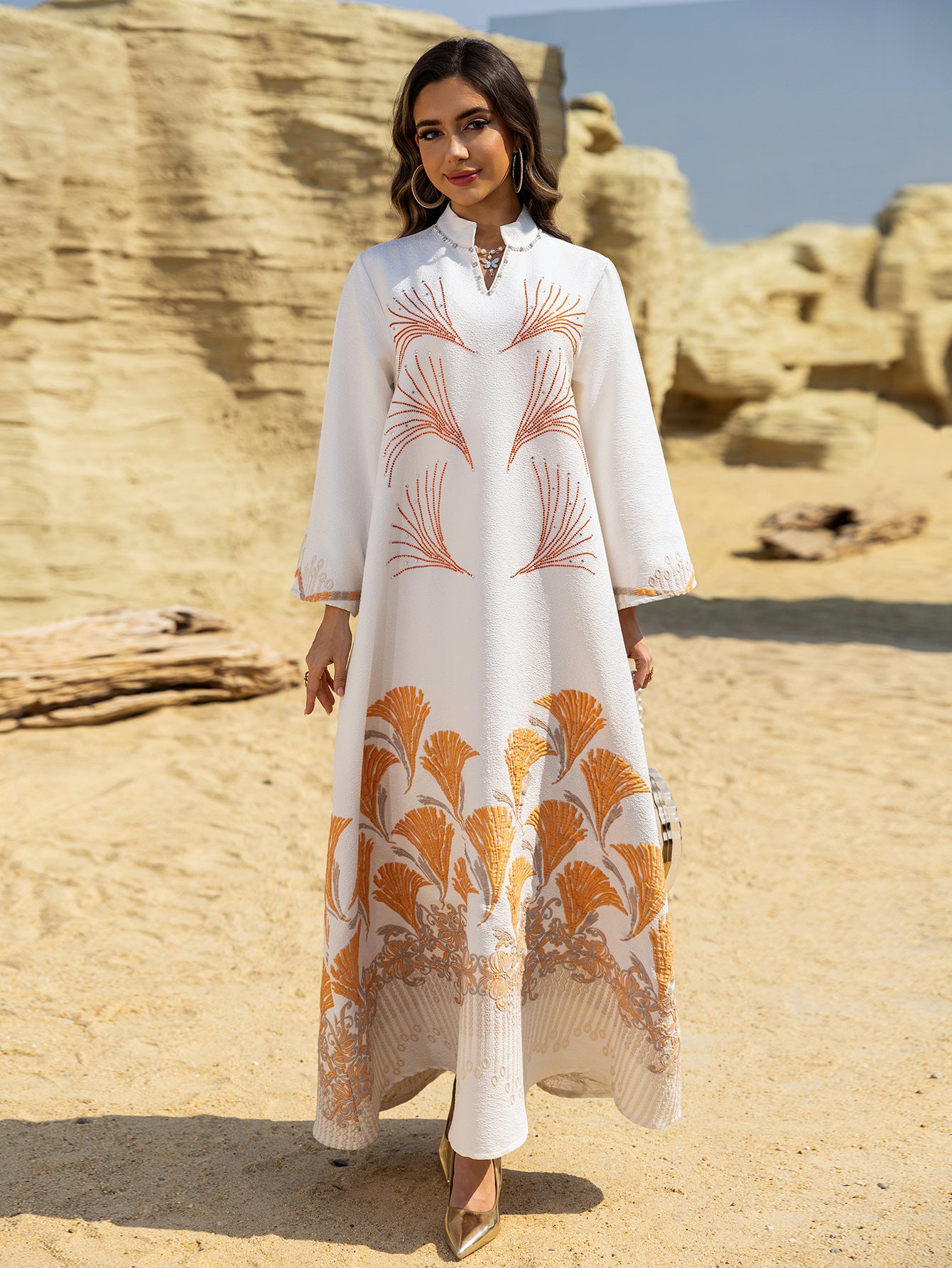 Embroidered Rhinestone Knit Maxi Dress
