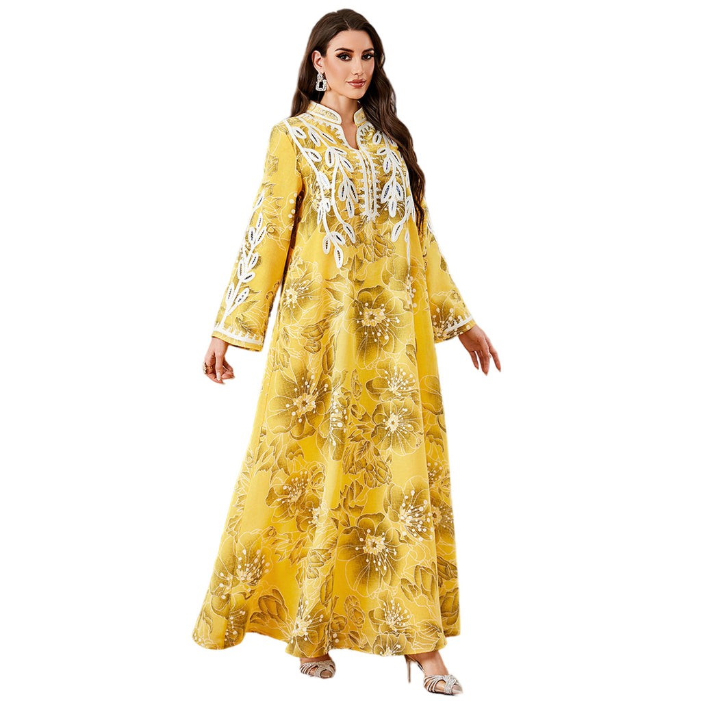 Yellow Embroidered Printed Robe Maxi Dress