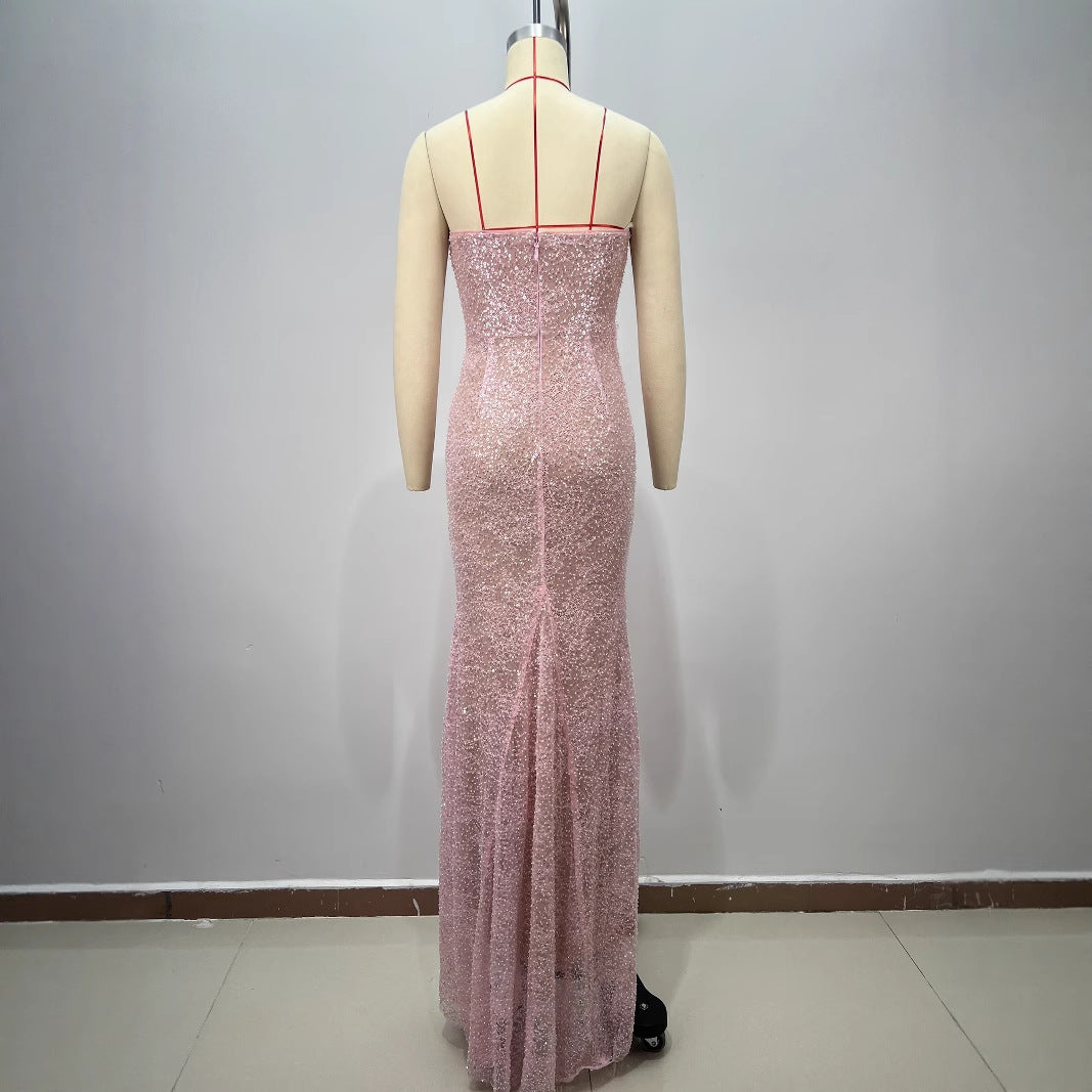 Boned Beaded One-Shoulder Sequin Gown for Women
