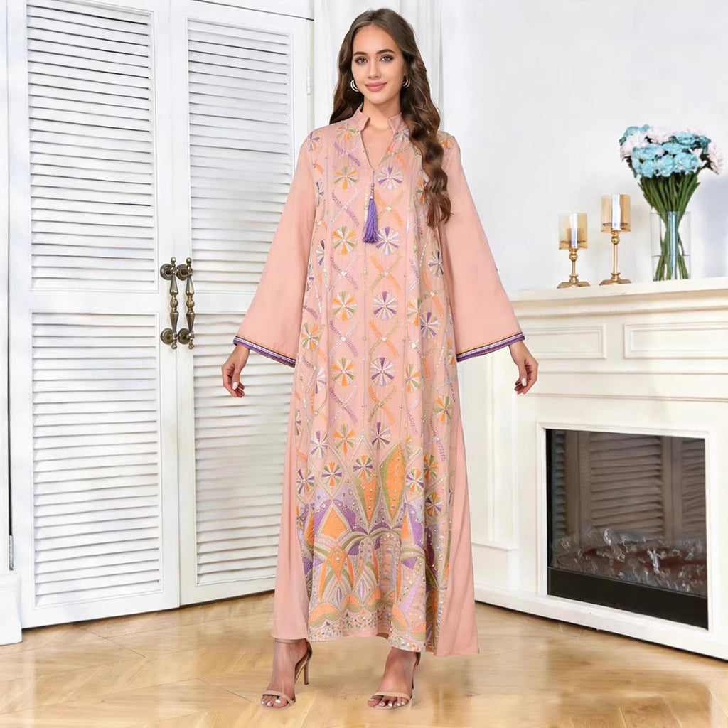 V-Neck Tassel Long-Sleeve Maxi Dress