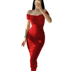 Off-Shoulder Pleated Maxi Dress for Women, One-Shoulder