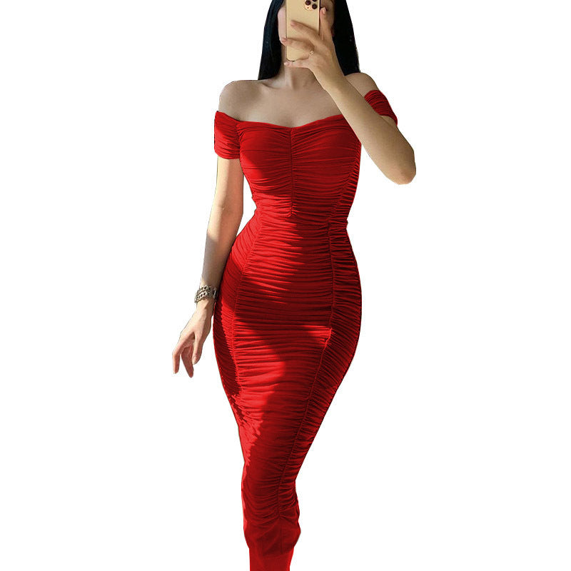 Off-Shoulder Pleated Maxi Dress for Women, One-Shoulder