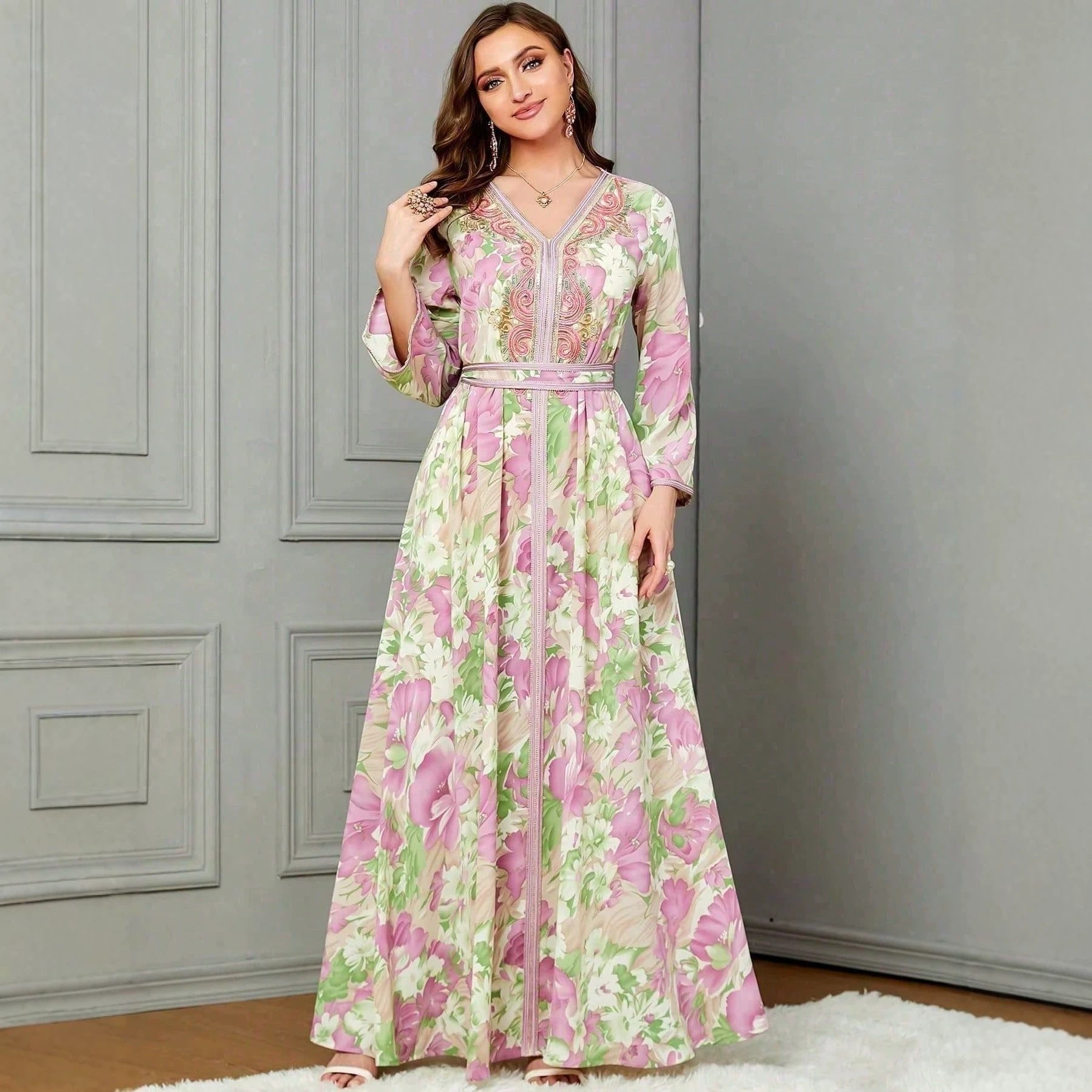 Embroidered Floral Lace-Up Maxi Dress