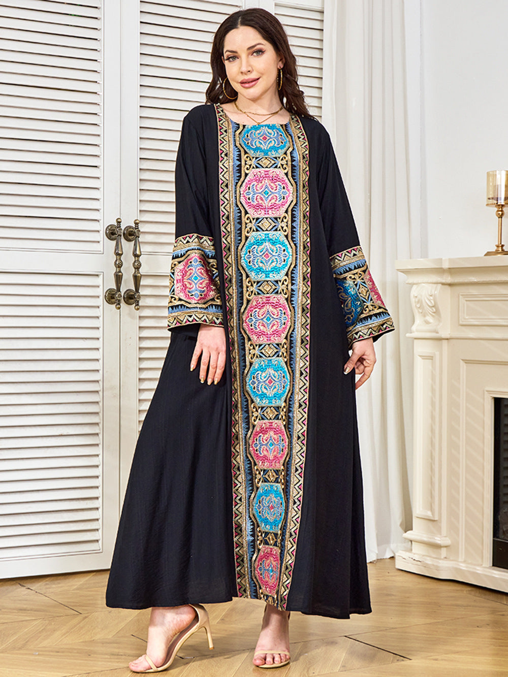 Round-Neck Embroidered Sequin Maxi Dress