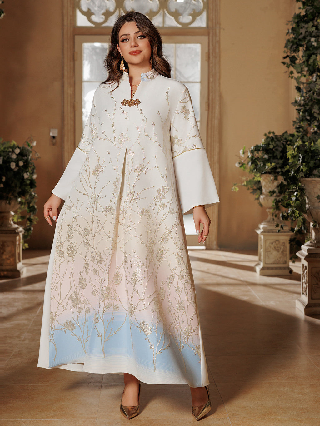 Embroidered Lace-Up Maxi Dress