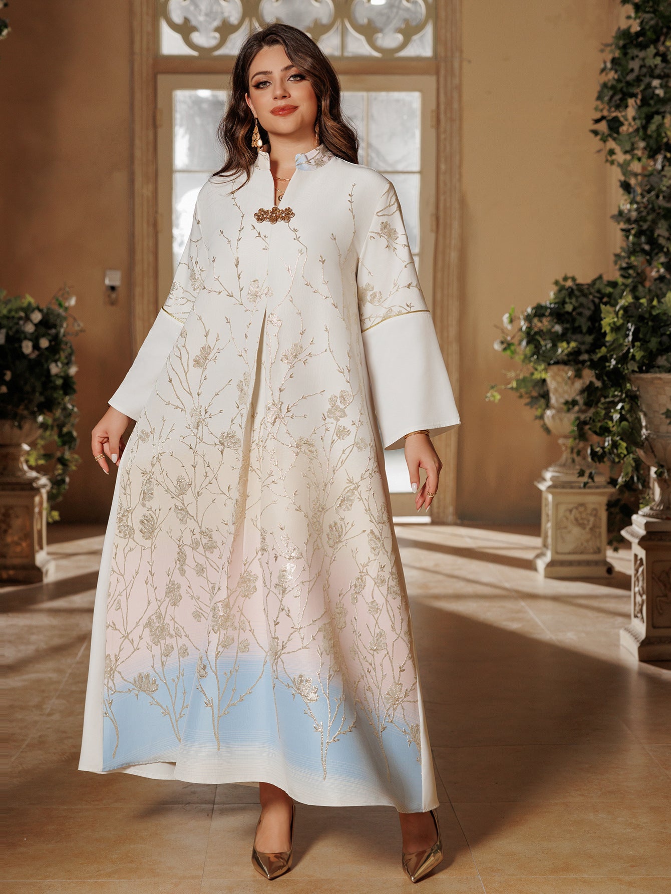 Embroidered Lace-Up Maxi Dress