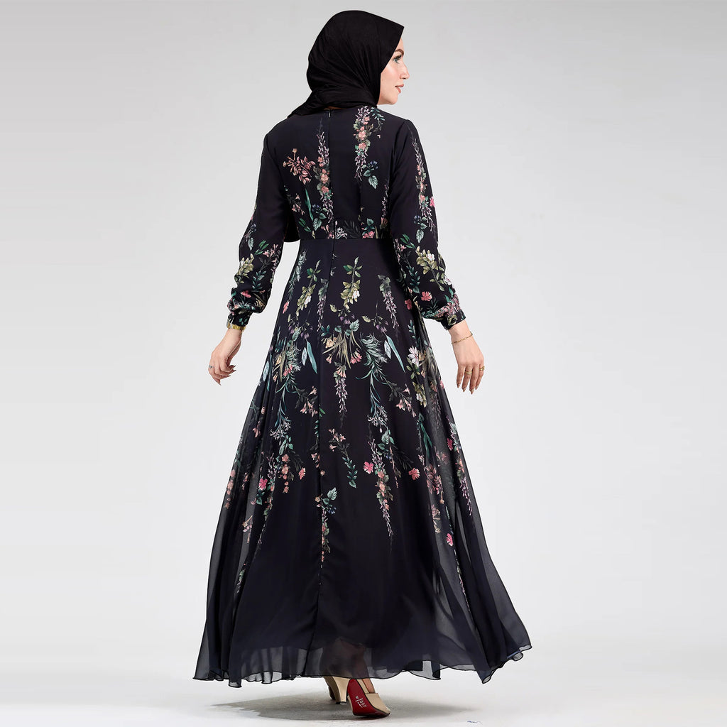 Printed Stand-Collar Long-Sleeve Maxi Dress
