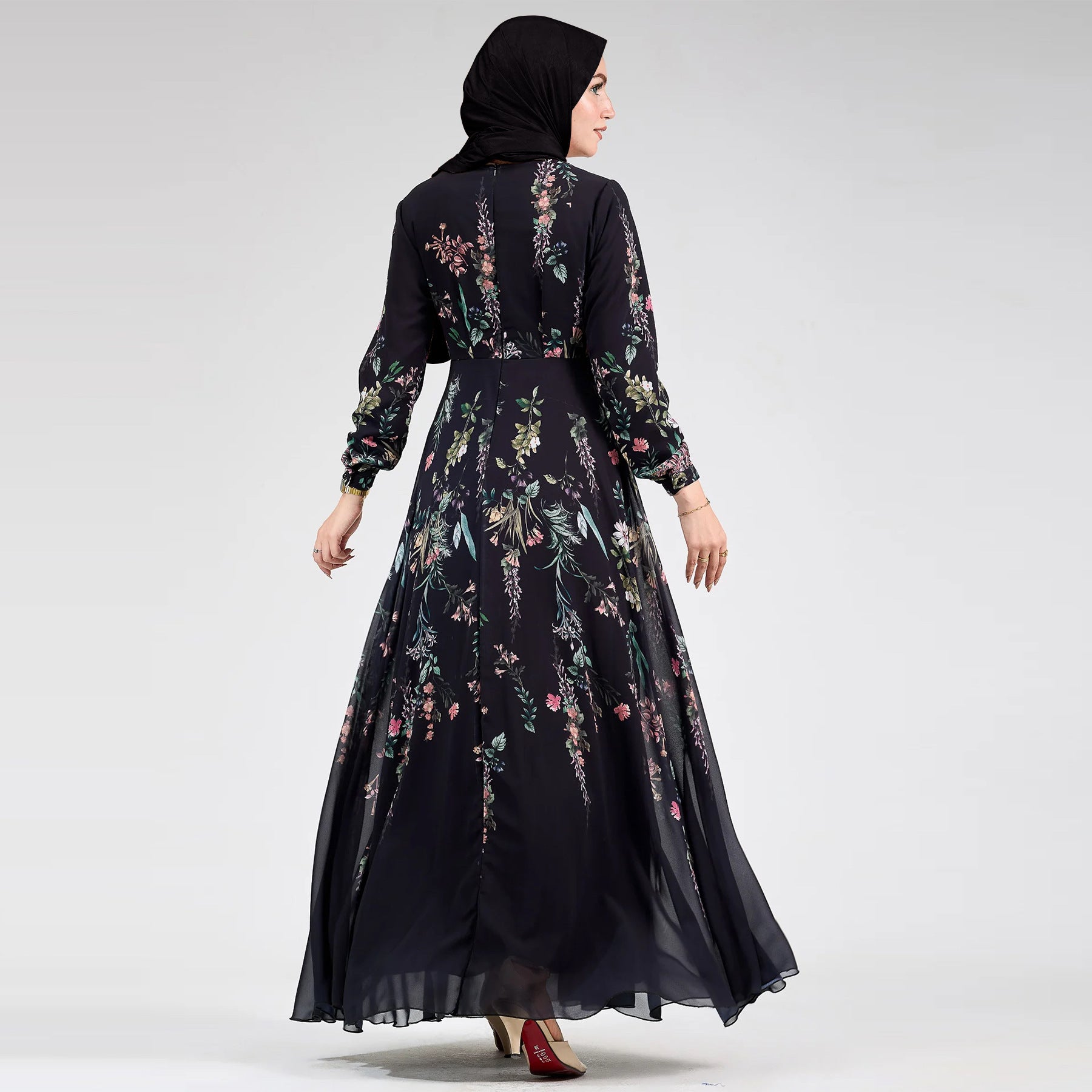 Printed Stand-Collar Long-Sleeve Maxi Dress
