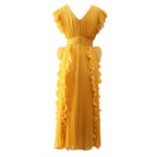 V-Neck Ruffle-Trim Sleeveless Maxi Dress in Yellow