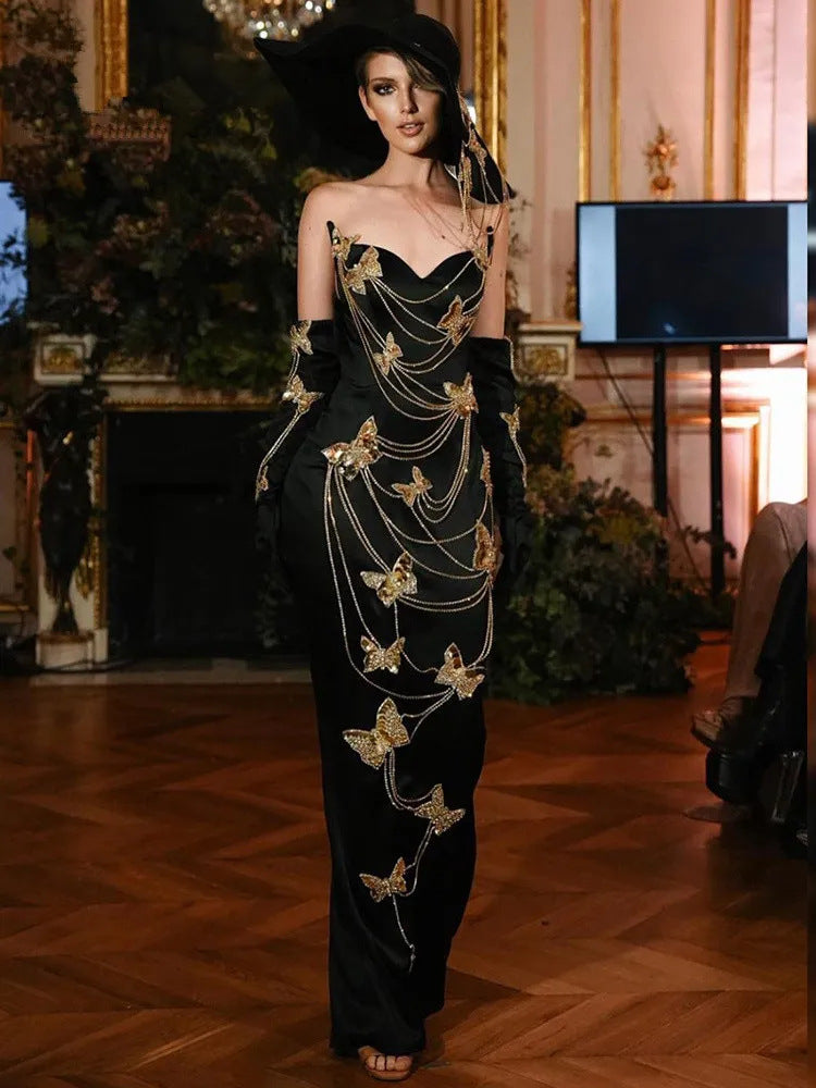 Embroidered Butterfly Bead Chain Maxi Dress for Women