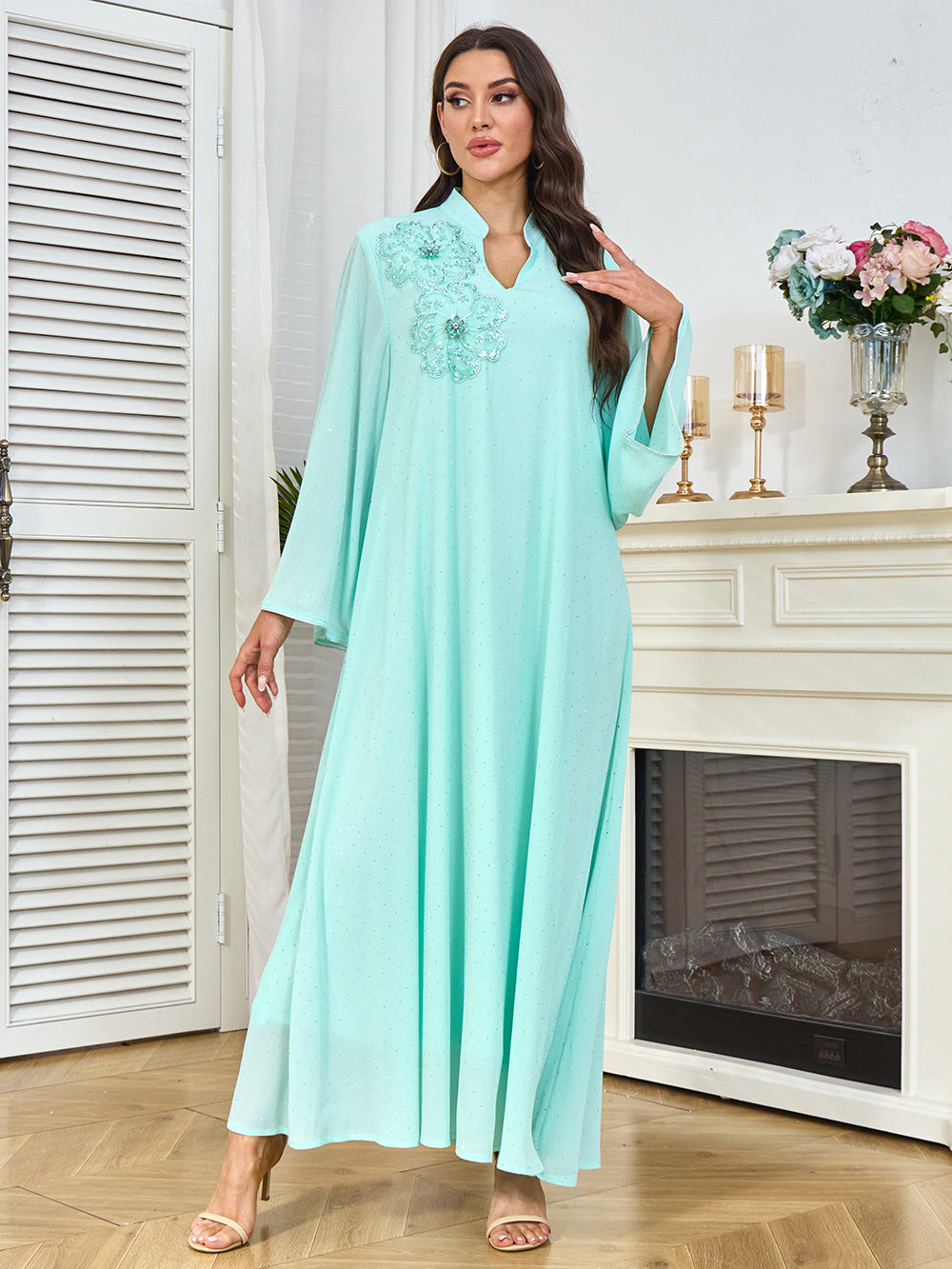 V-Neck Loose Long-Sleeve Maxi Dress, Light Blue & White