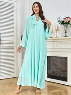 V-Neck Loose Long-Sleeve Maxi Dress, Light Blue & White
