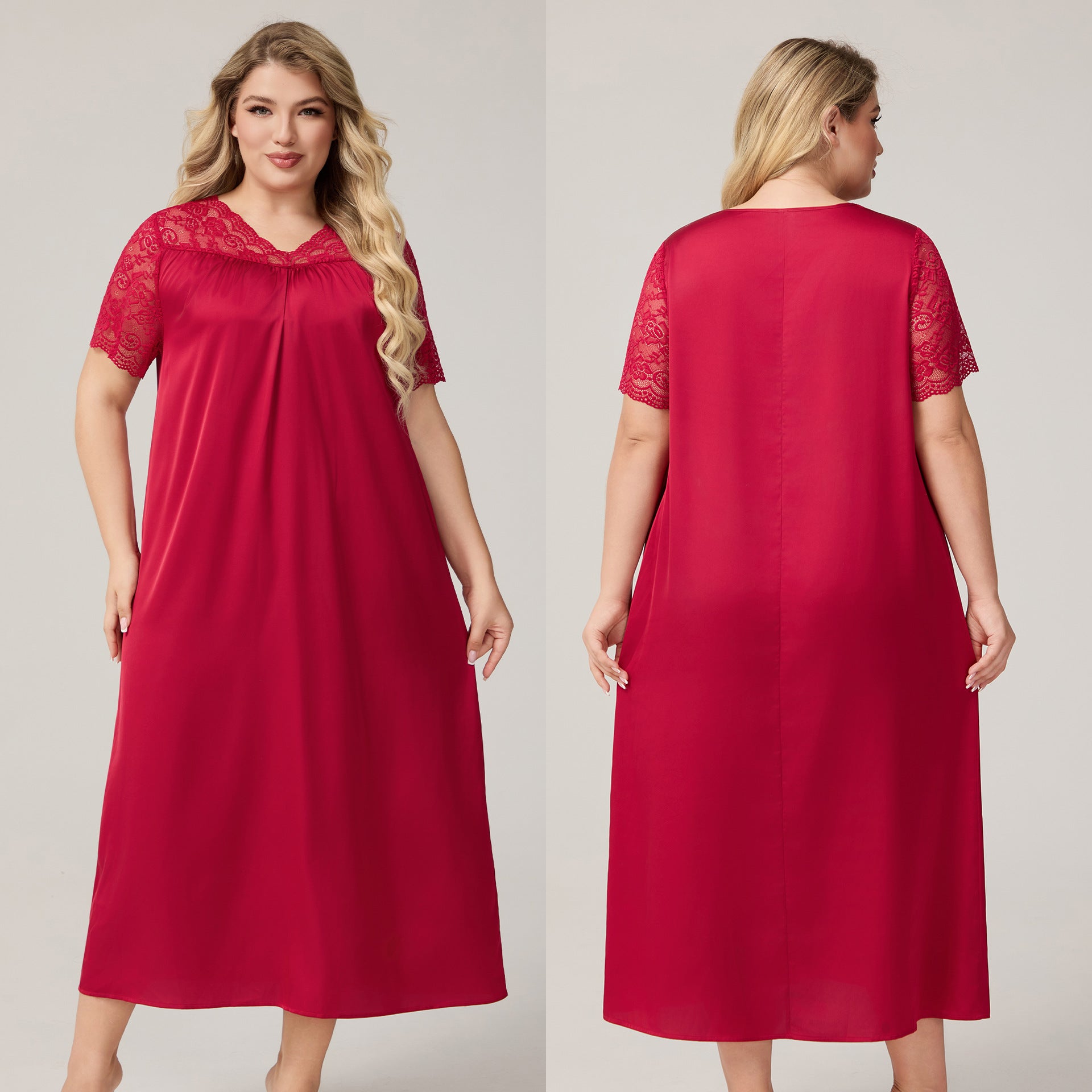 Satin Chiffon Long Nightdress for Women, Short Sleeve V-Neck, Plus Size