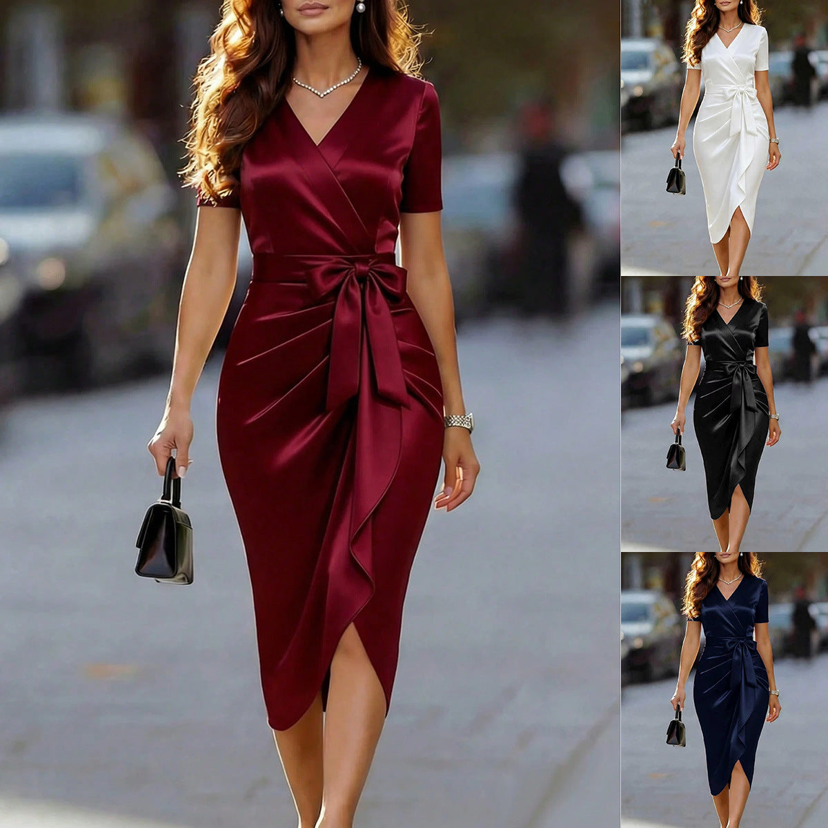 V-Neck Bow Midi Dress