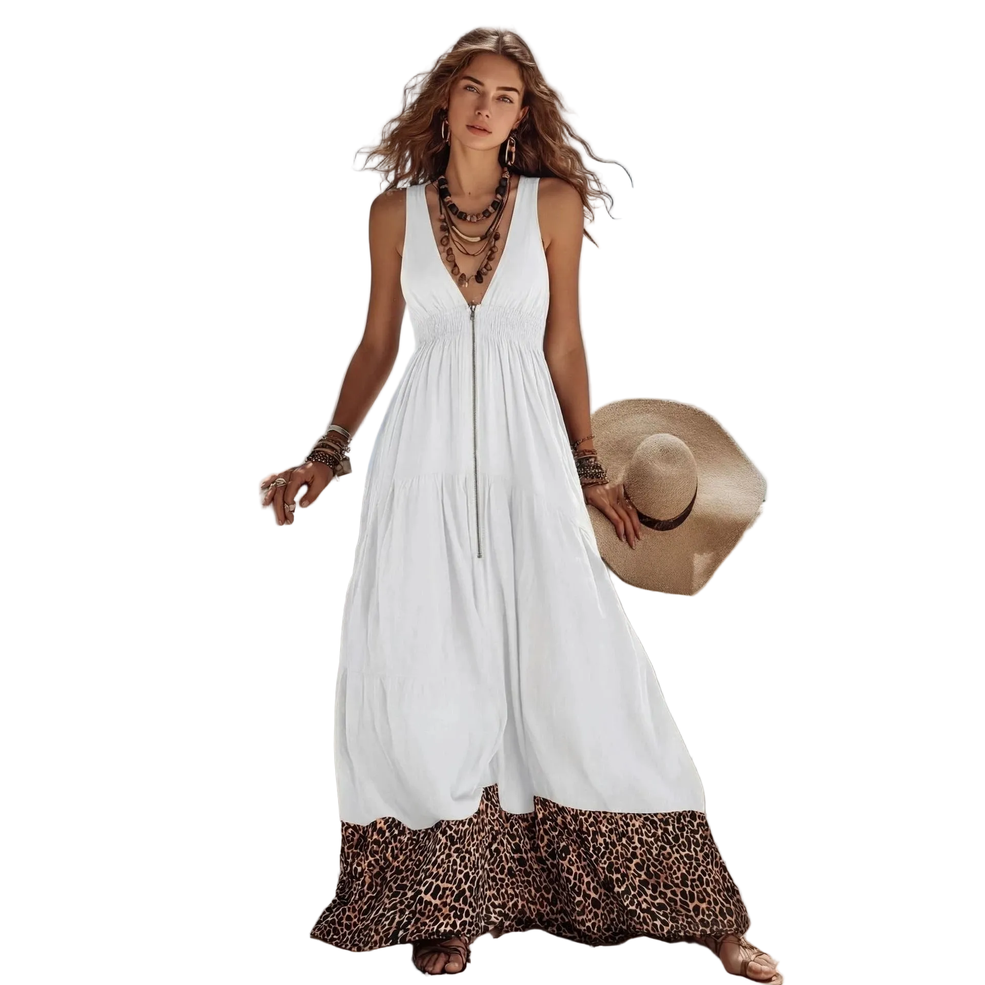 Bohemian Leopard Maxi Dress for women with V neck and sleeveless Main image