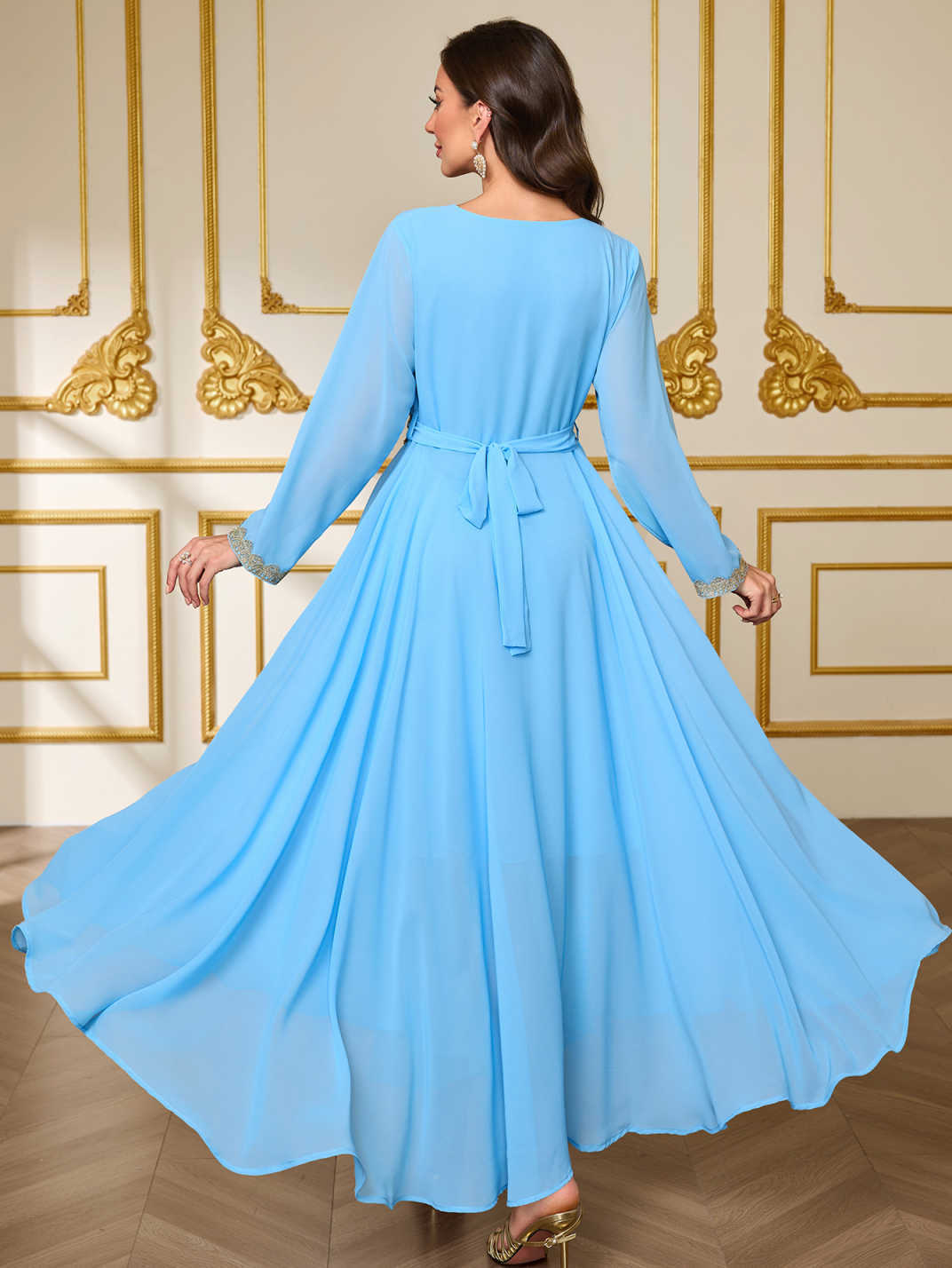 Lace Belted Chiffon Maxi Dress