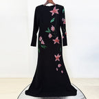 Long Sleeve Embellished Stand-Collar Gown with Train Detail