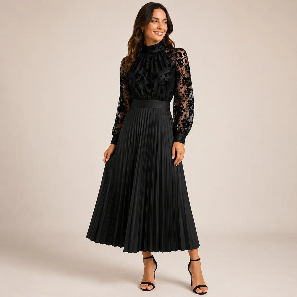 Tie-Neck High-Waist Pleated Maxi Dress