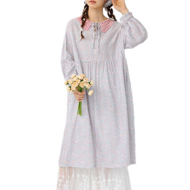 Floral Lace-Up Peter Pan Collar Maxi Dress for Women, Long Sleeve