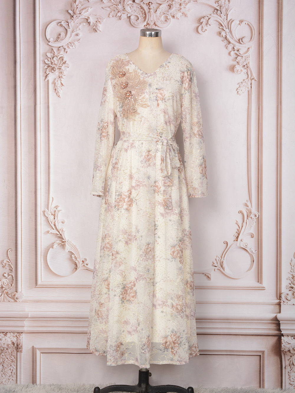 V-Neck Lace-Up Long-Sleeve Maxi Dress