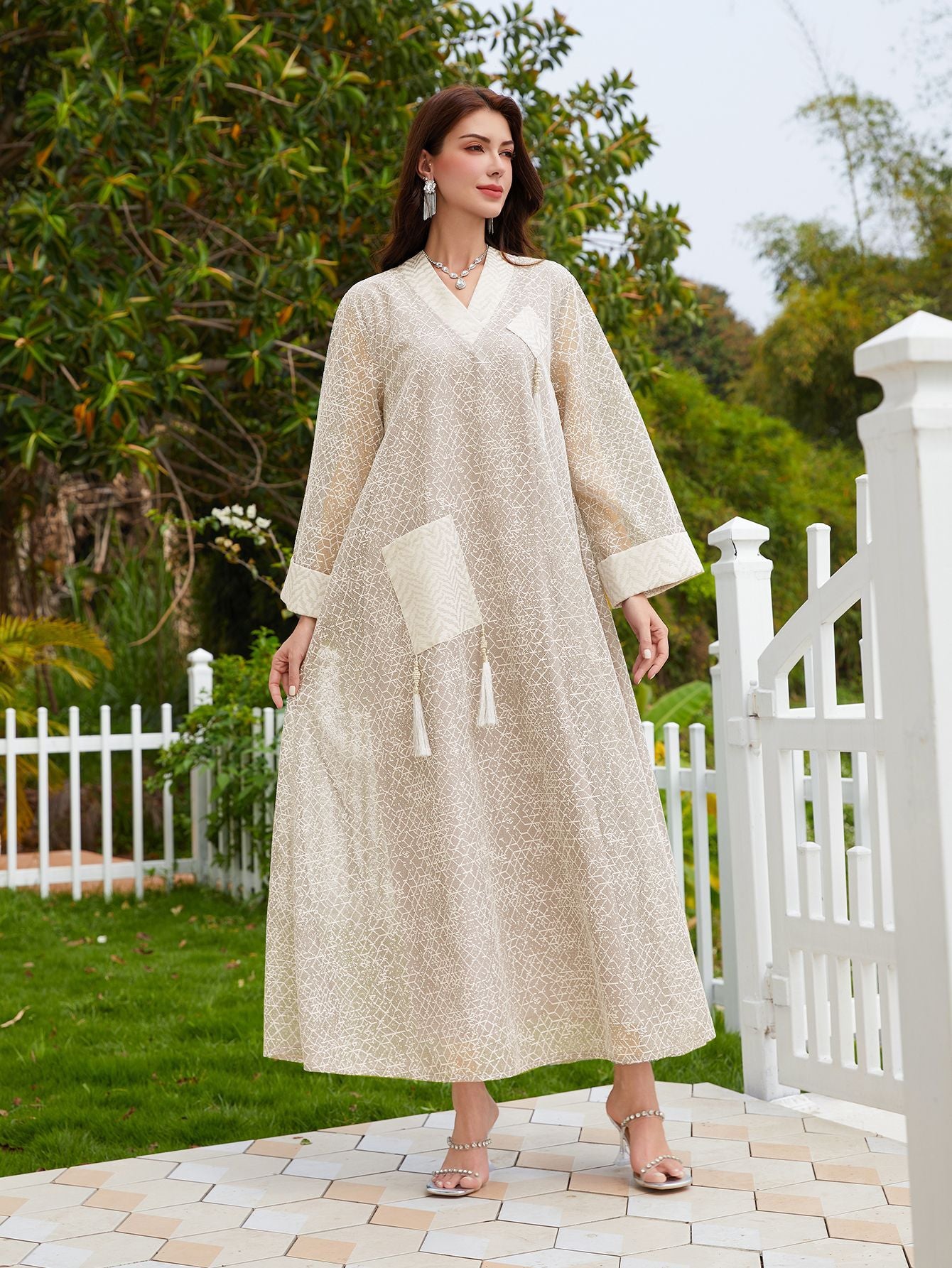 Mesh Tassel Long-Sleeve Maxi Dress