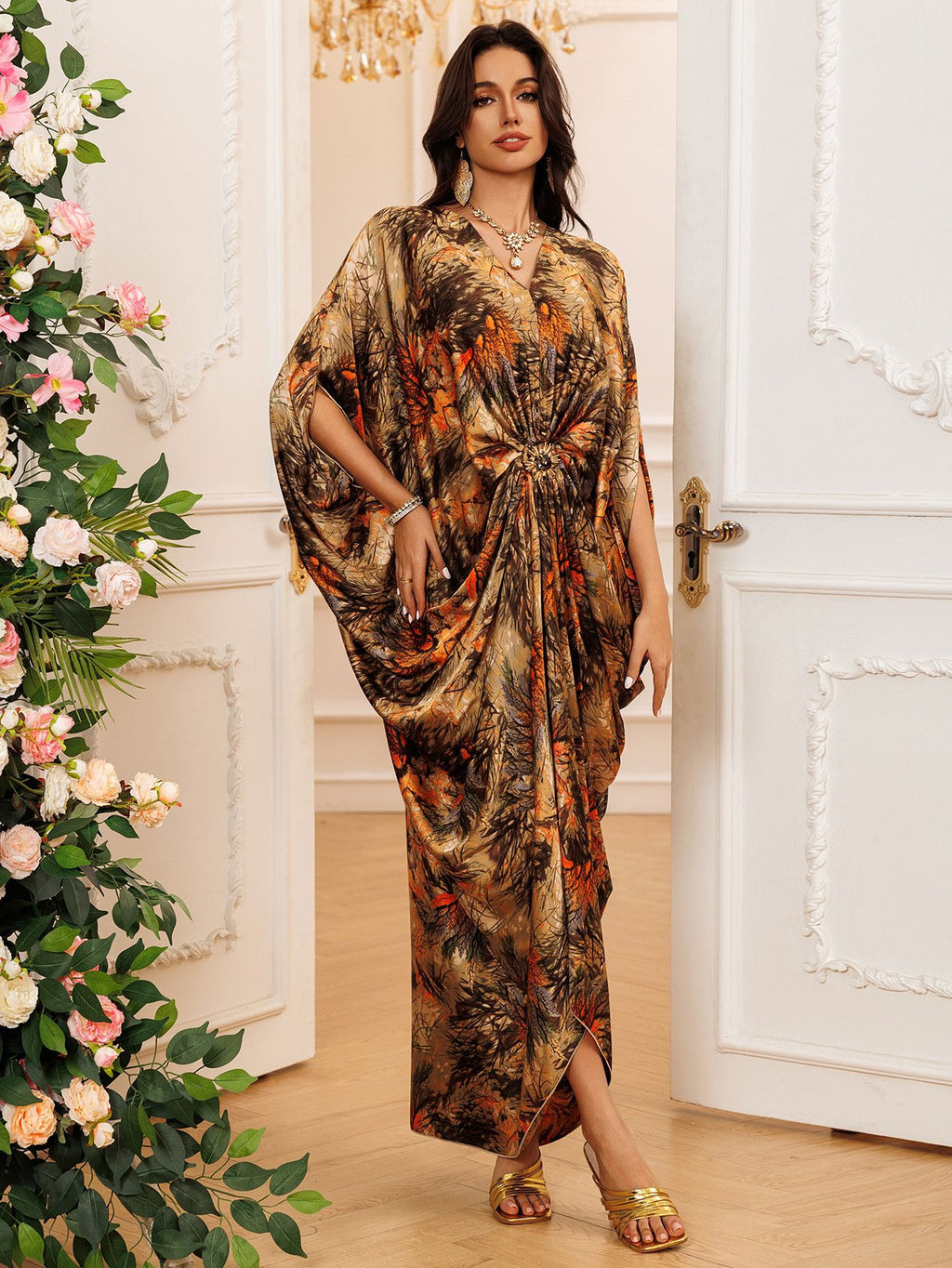 Printed Crew-Neck Maxi Dress