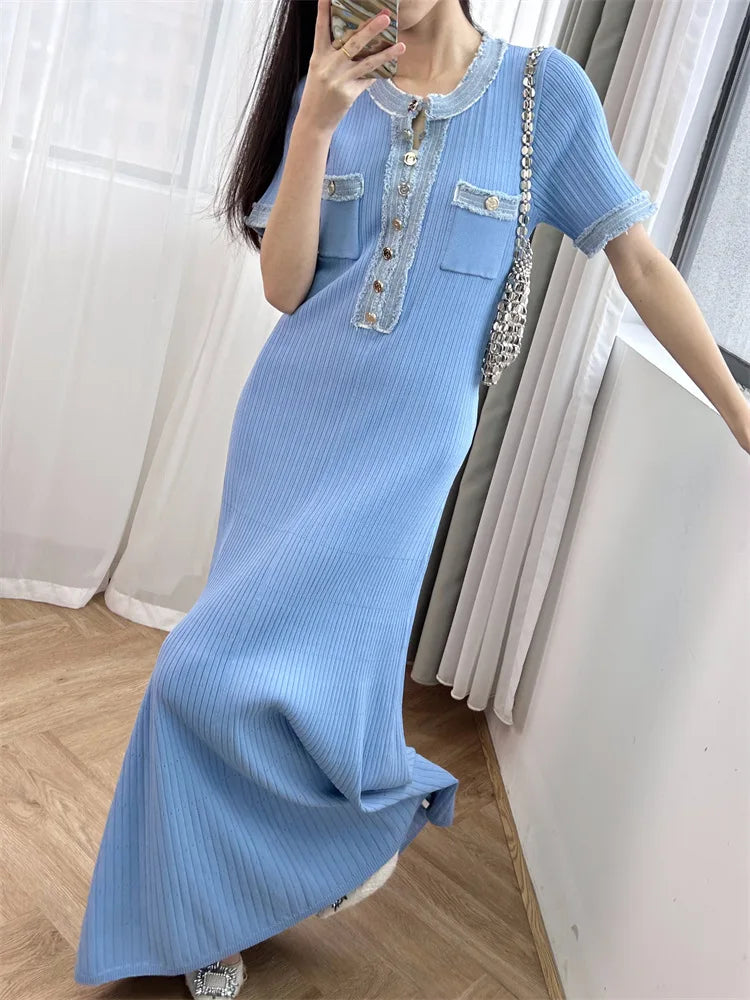 Elastic Slim Fit Button-Up Long Knit Dress for Women Secondary image