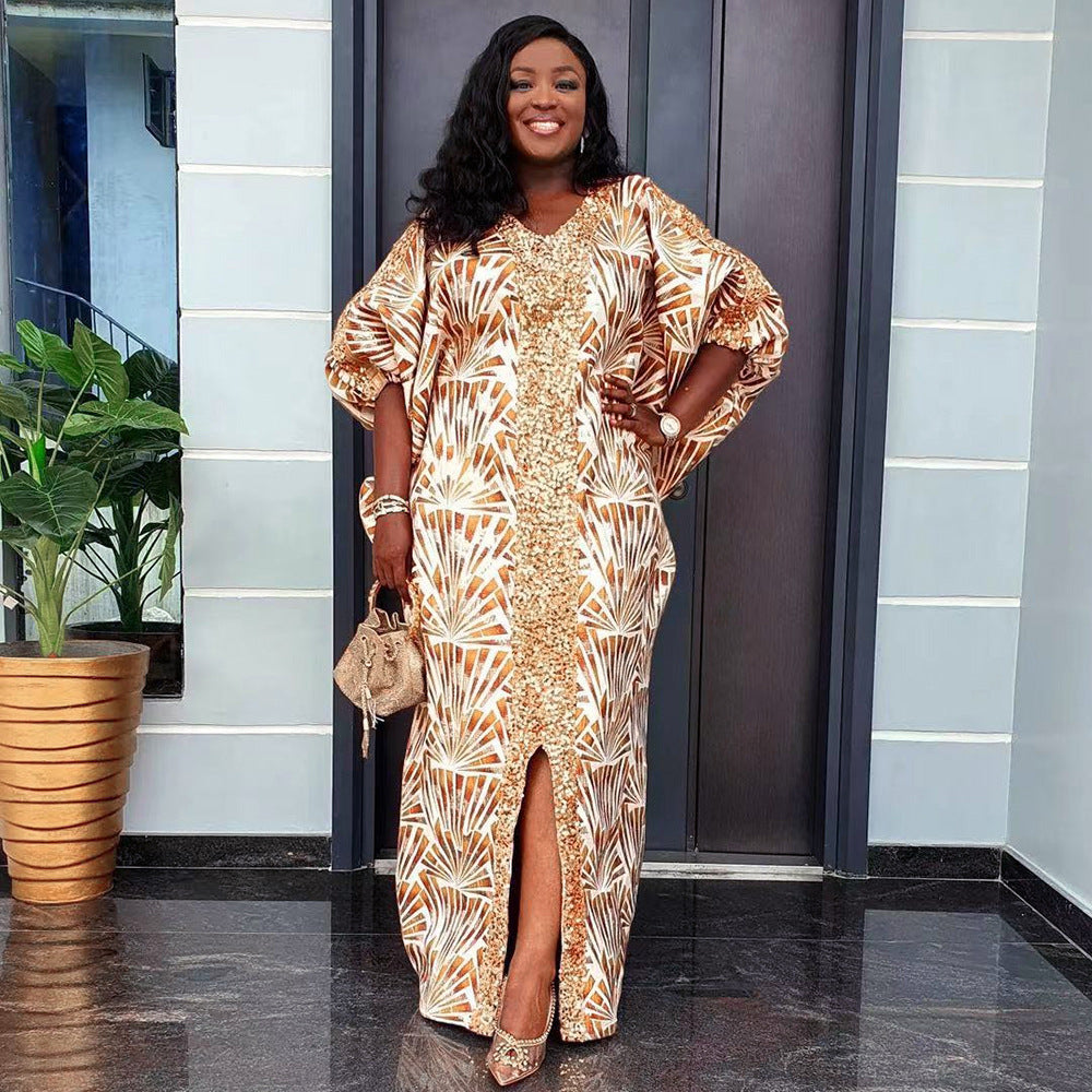 Beaded African Print Maxi Dress for Women, V-Neck