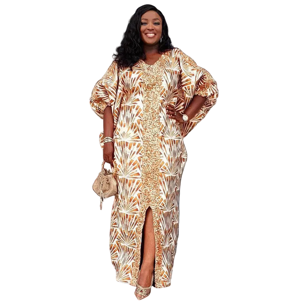 African Print Maxi Dress for women with V neck and three quarter sleeves