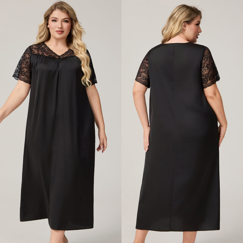 Satin Chiffon Long Nightdress for Women, Short Sleeve V-Neck, Plus Size
