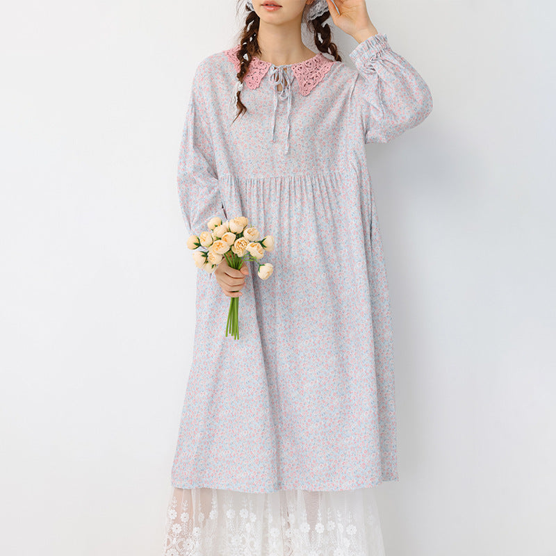 Floral Lace-Up Peter Pan Collar Maxi Dress for Women, Long Sleeve