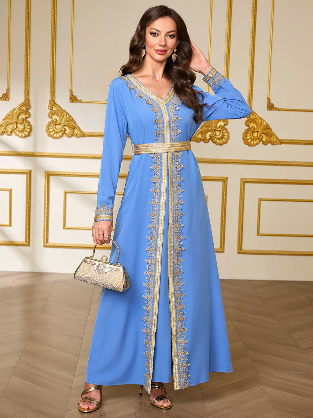 Long-Sleeve Tie-Waist Maxi Dress