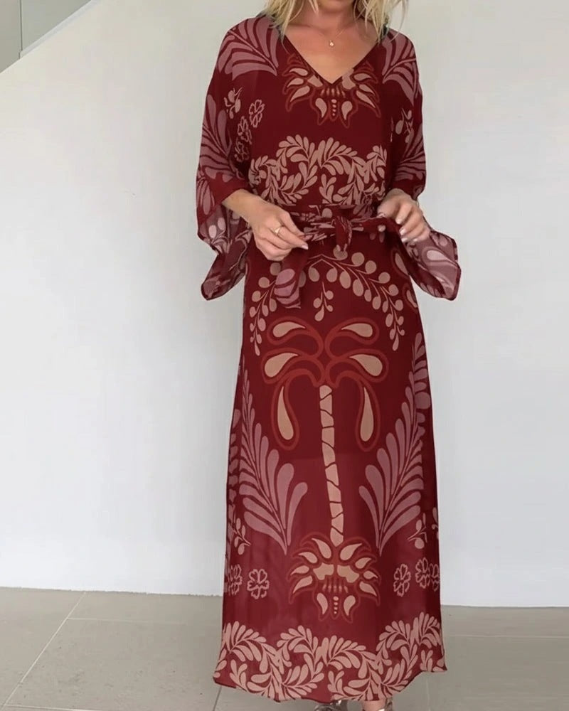 Bohemian Geometric Chiffon Maxi Dress for Women, V-Neck