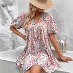 Floral V-Neck Puff-Sleeve Pleated Midi Dress for Women, Loose Fit