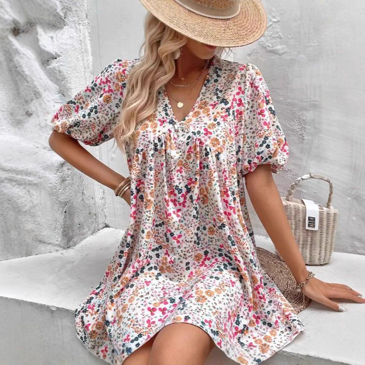 Floral V-Neck Puff-Sleeve Pleated Midi Dress for Women, Loose Fit