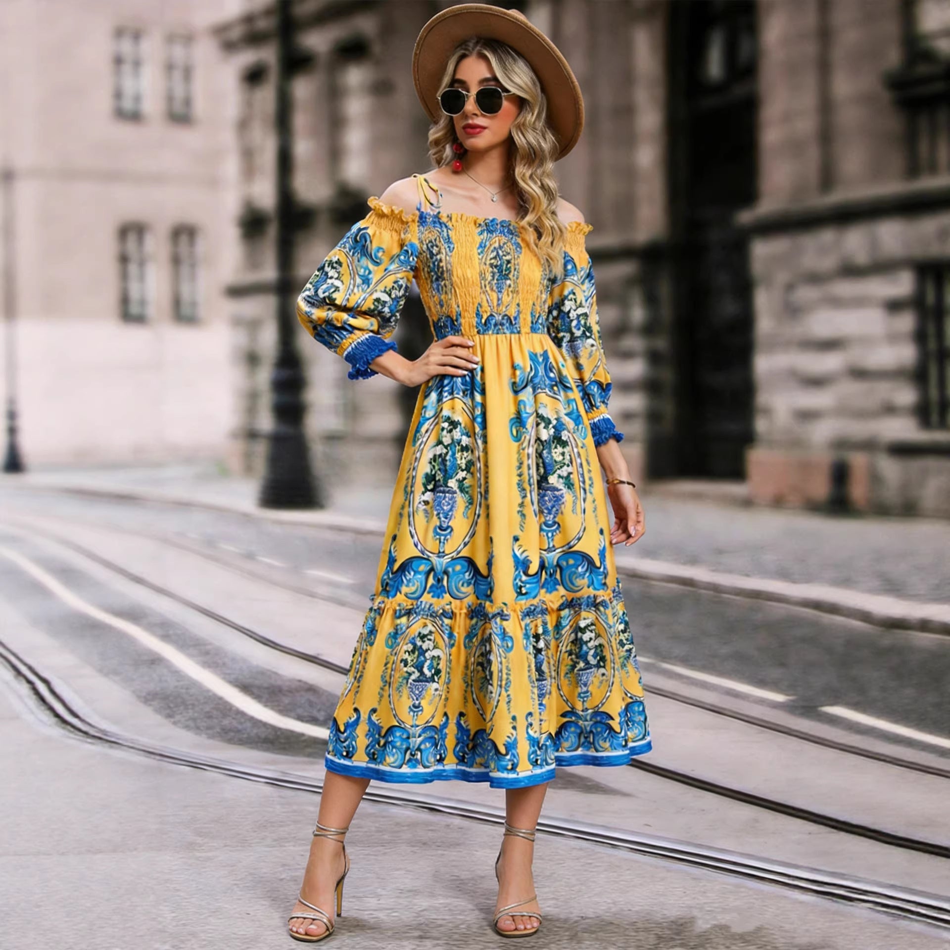 Off-Shoulder Floral Midi Dress, Long Sleeve