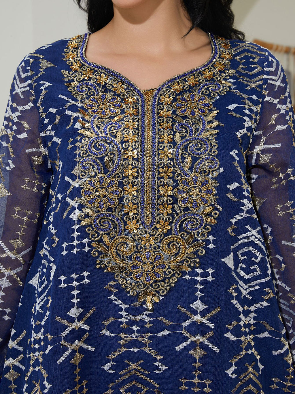 Blue V-Neck Long-Sleeve Maxi Dress