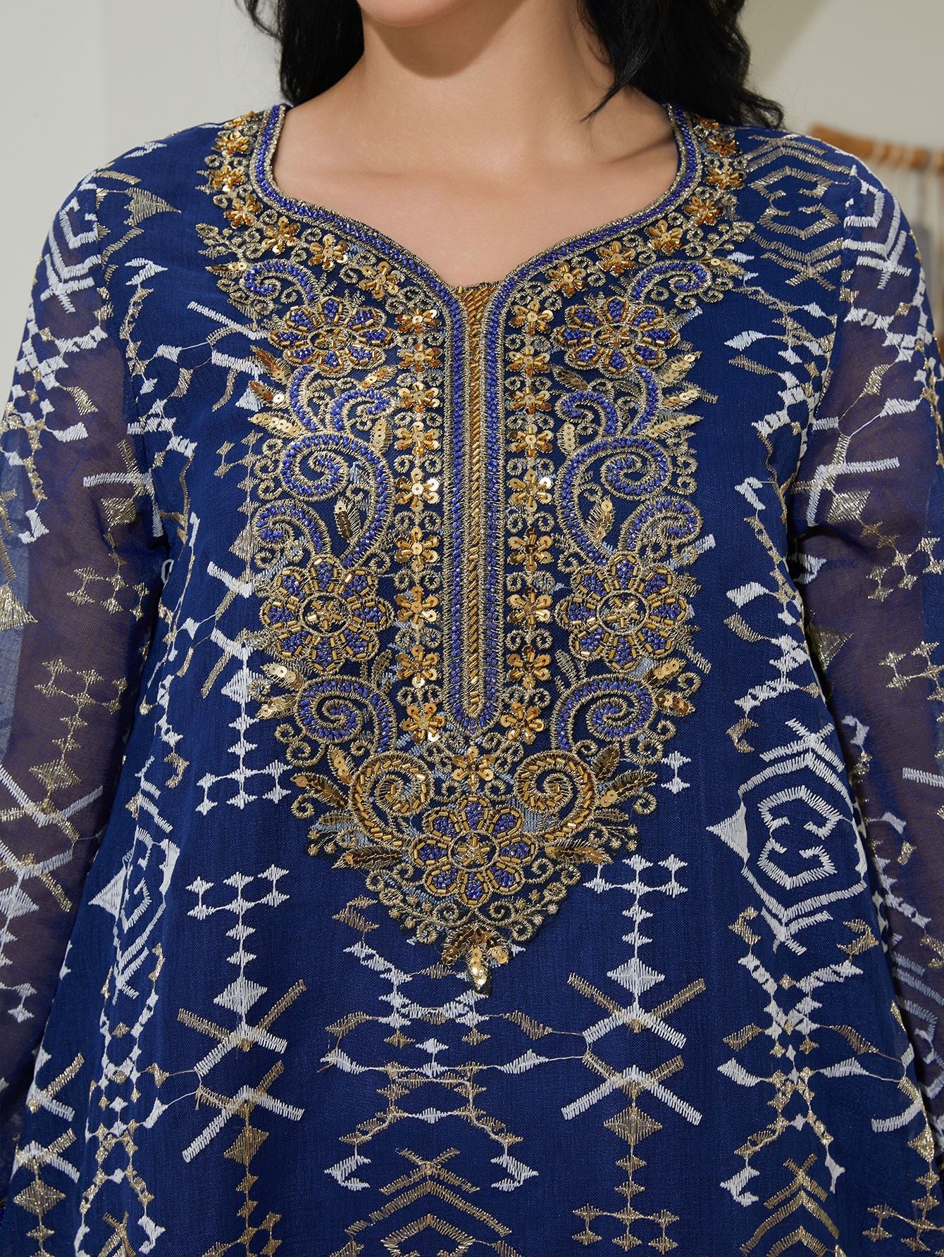 Blue V-Neck Long-Sleeve Maxi Dress