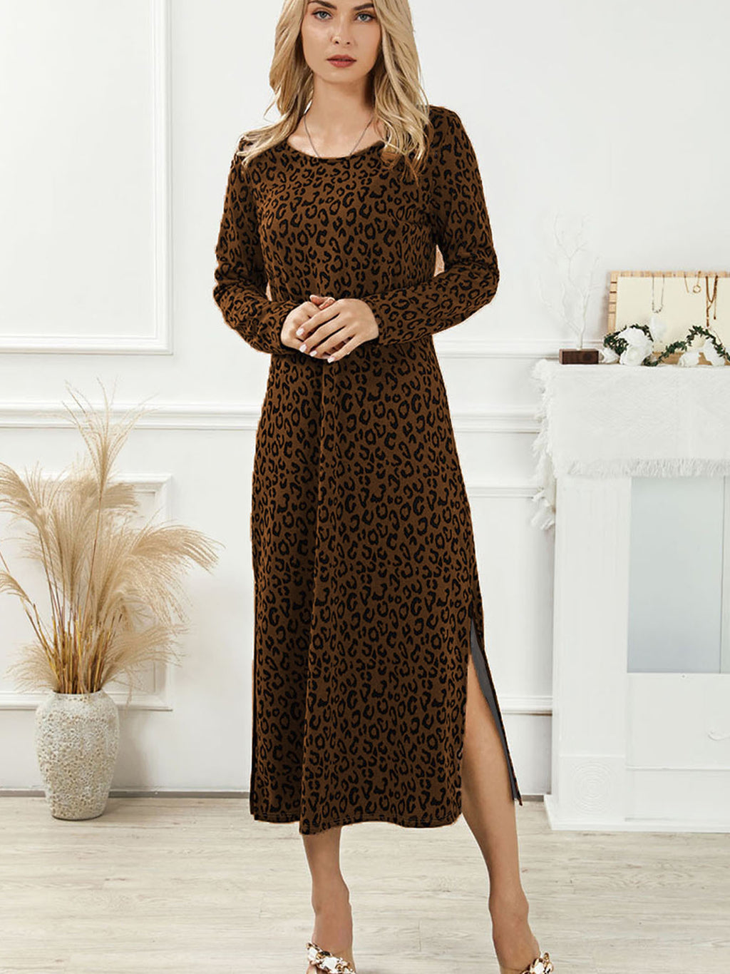 Vintage Leopard Print Round-Neck Midi Dress for Women, Long Sleeve