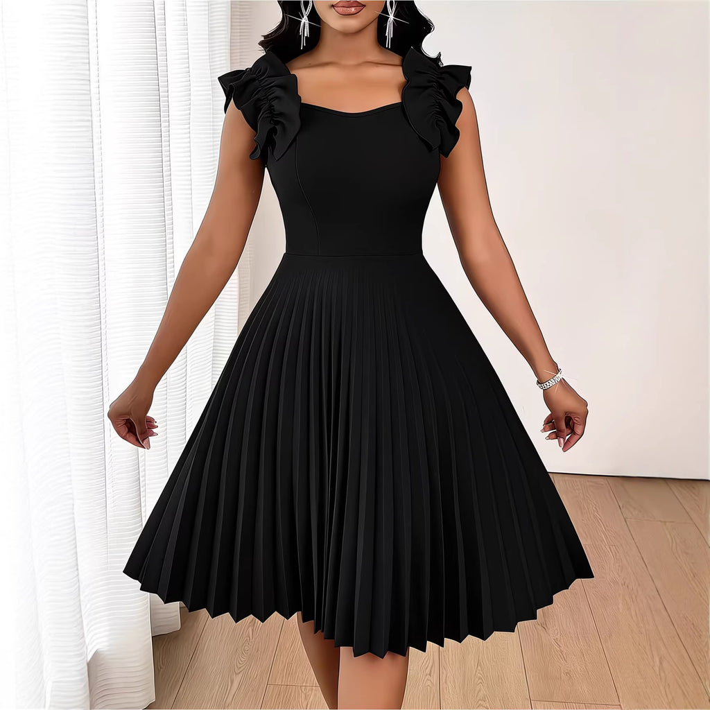 Pleated Square-Neck Plus-Size Dress, Black
