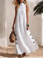 Cotton Linen Side-Slit Maxi Dress for Women, Sleeveless