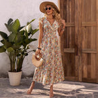 Floral Print V-Neck High-Waist A-Line Dress for Women