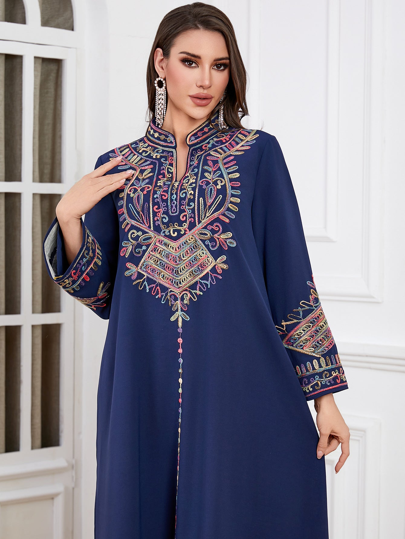 Navy Rope-Embroidered Robe Dress