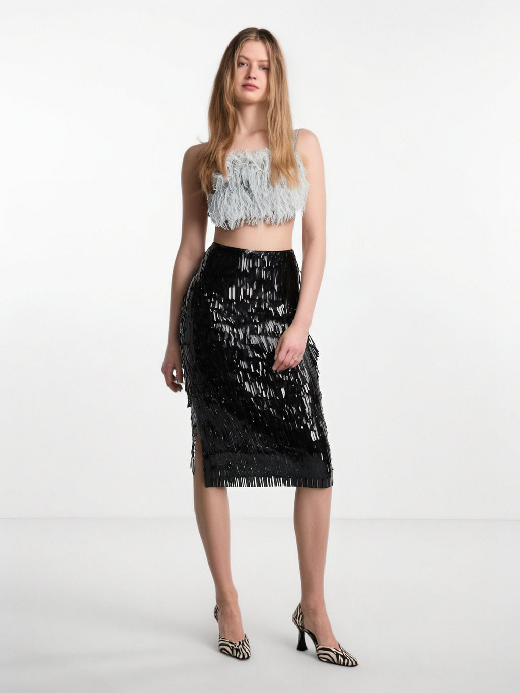 Ostrich Feather Strap Top & Sequin Skirt Co-ord Set for Women