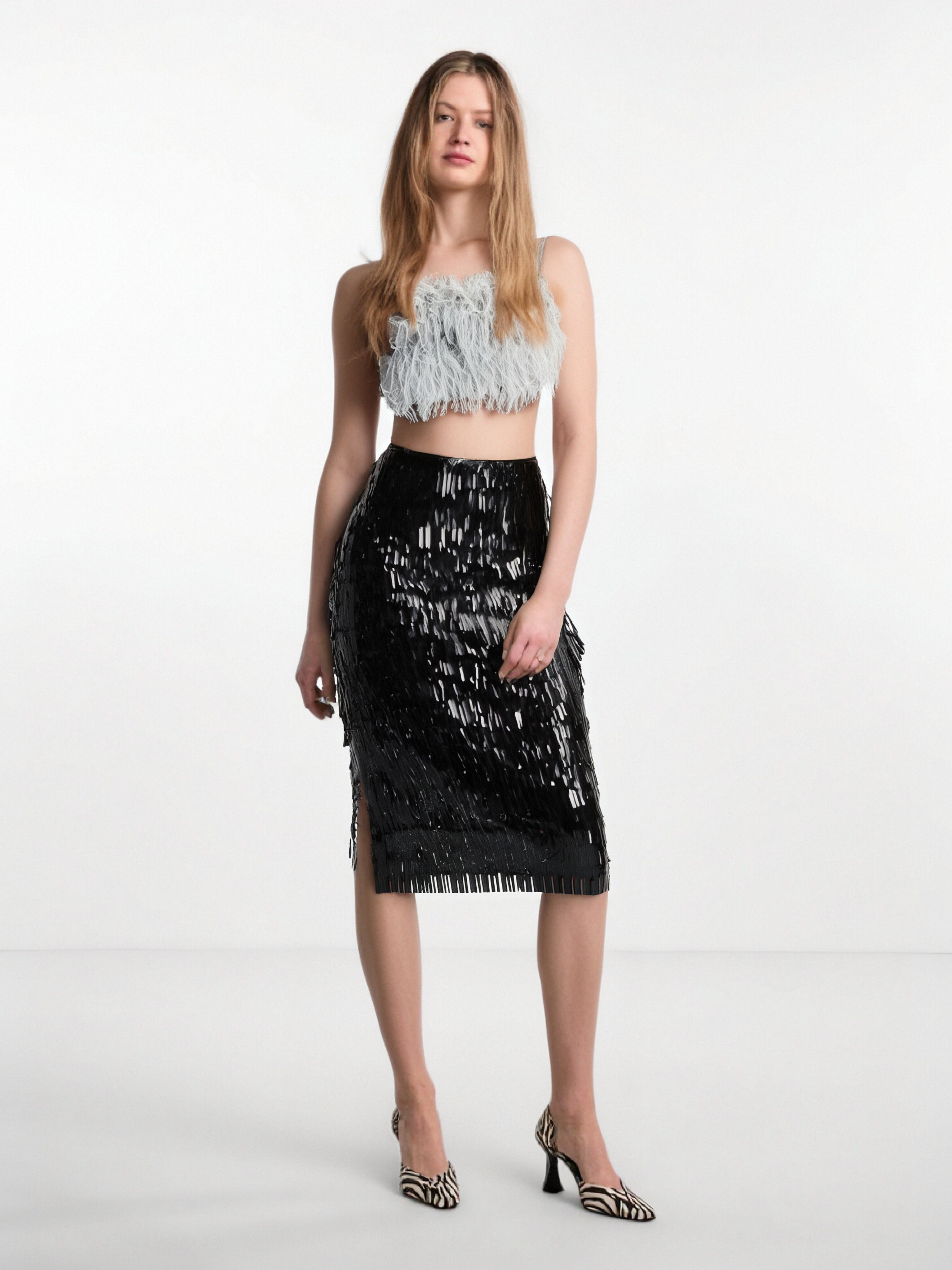 Ostrich Feather Strap Top & Sequin Skirt Co-ord Set for Women