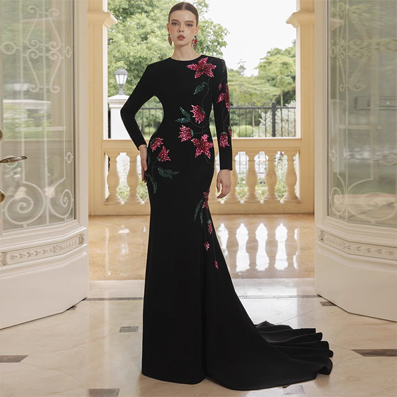 Long Sleeve Embellished Stand-Collar Gown with Train Detail
