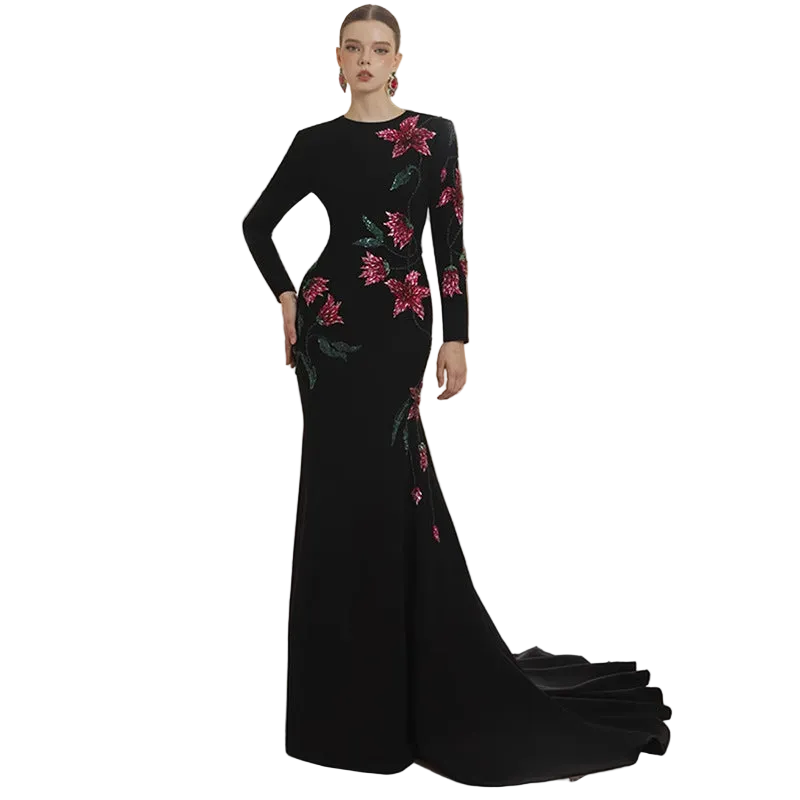 Embellished Stand-Collar Gown for women with stand collar and long sleeves