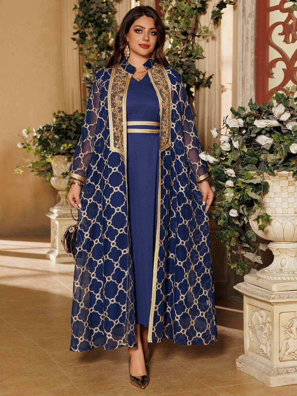 Embroidered Maxi Dress & Vest Set