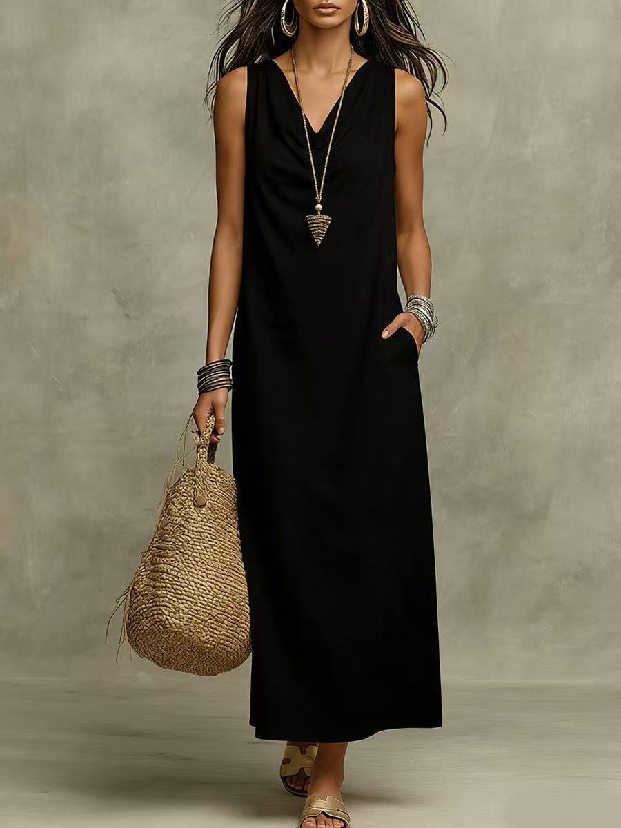Solid Halter V-Neck A-Line Maxi Dress