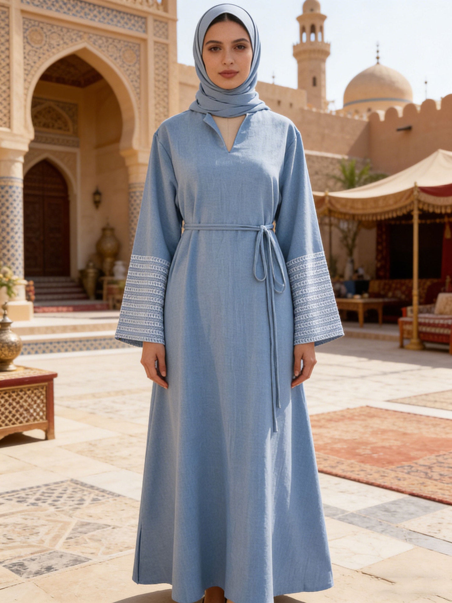 Embroidered Oversized Maxi Dress, Tie Belt
